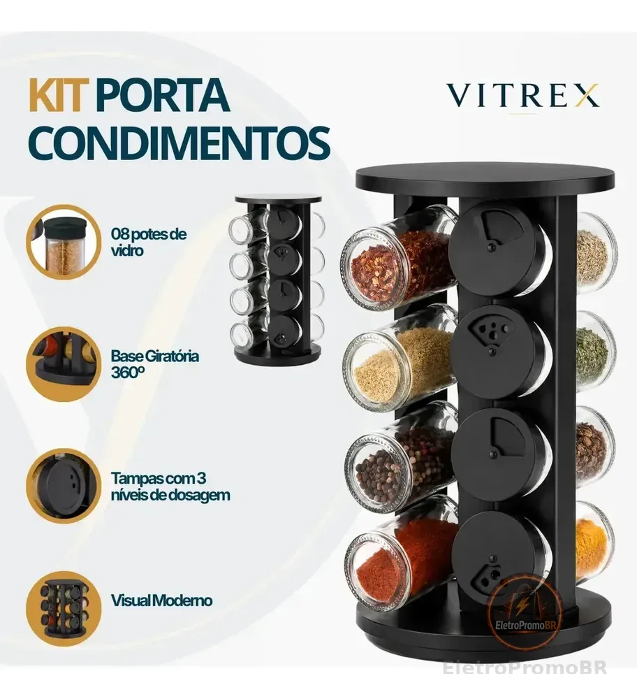 Kit Porta Condimentos Vitrex 8 Potes Em Vidro Preto Com Base Giratória