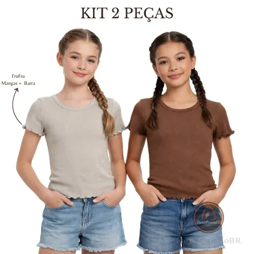 Kit 2 Peças Baby Look Juvenil Camiseta Feminina Babado Fru-Fru  Premium Confortável
