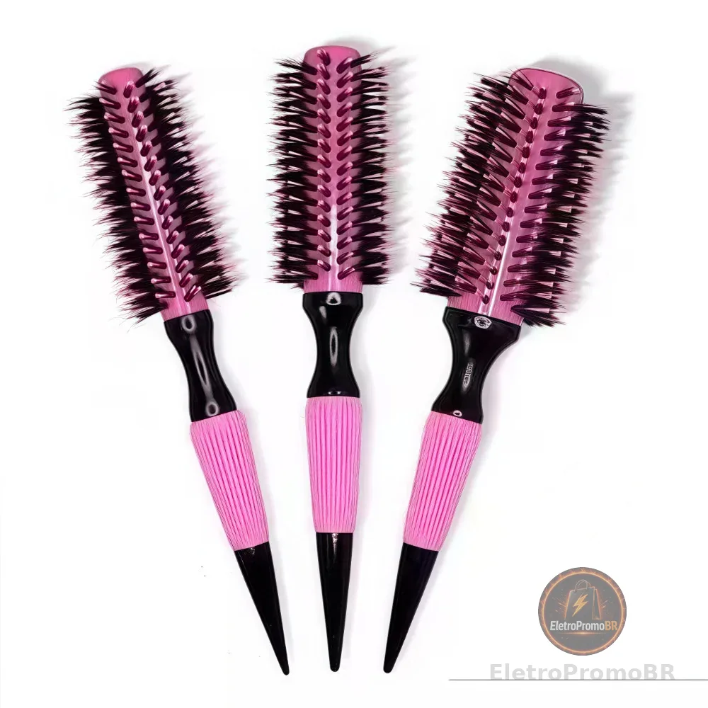 Kit 3 Pçs Escova De Cabelo Térmica Amarela/Rosa Cerdas De Javali Mista Madeira