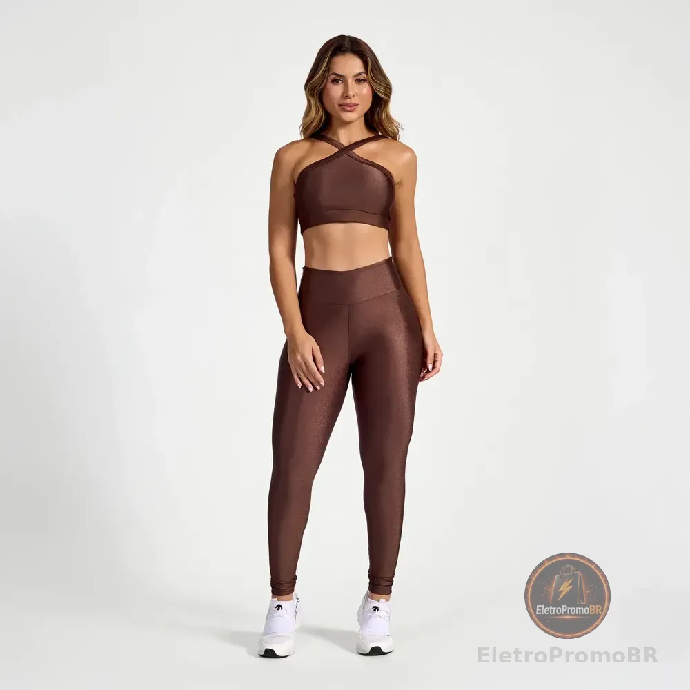 Conjunto Fitness Top E Legging Feminino Glow Academia Café M