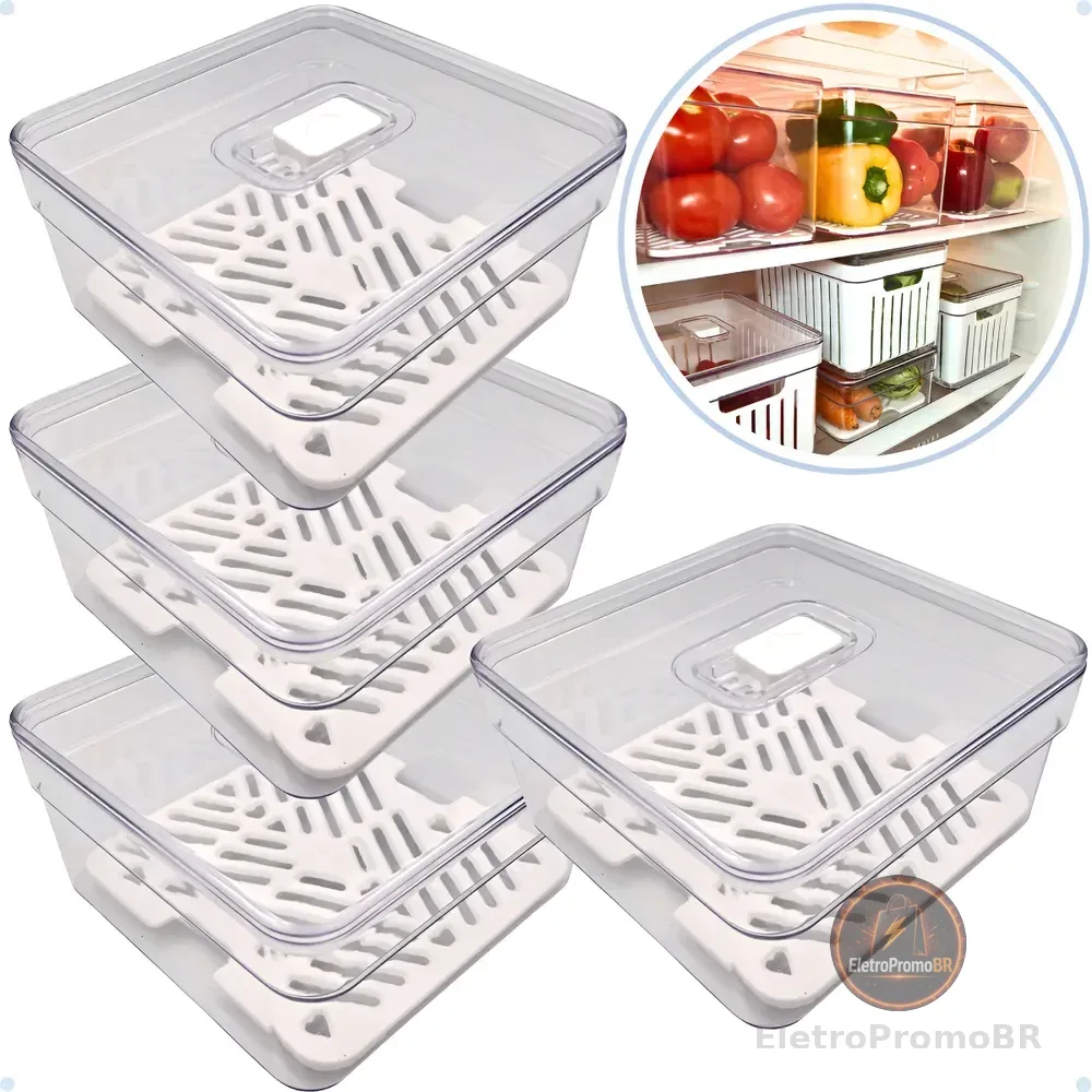 Kit 4 Organizador De Geladeira 1,4l Acrílico Frutas Verduras Cor Transparente