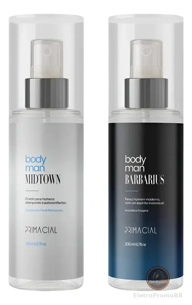 KIT BODY SPLASH MASCULINO BARBARIUS E MIDTOWN 200ML - PRIMACIAL PERFUME FRESCO AMADEIRADO