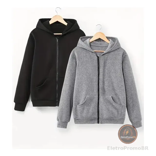 Kit 2 Moletons Com Capuz & Com Zíper, Casaco De Frio Inverno