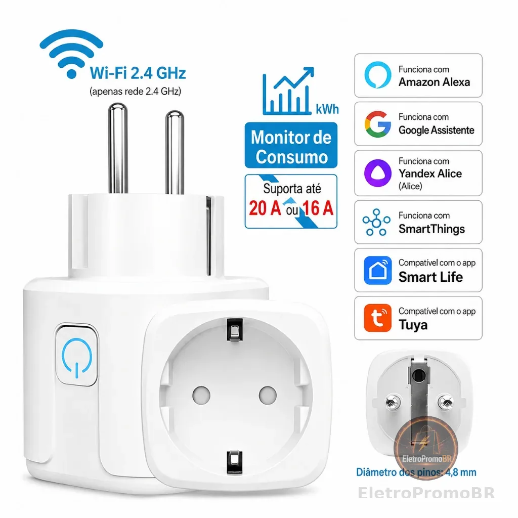 Tomada Inteligente WiFi 20A com Medidor de Energia Smart Life Tuya Alexa Google Assistente 2.4GHz