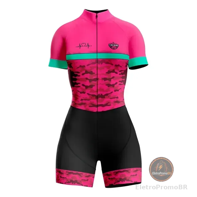 Macaquinho Ciclismo Feminino Manga Curta Camuflado Rosa