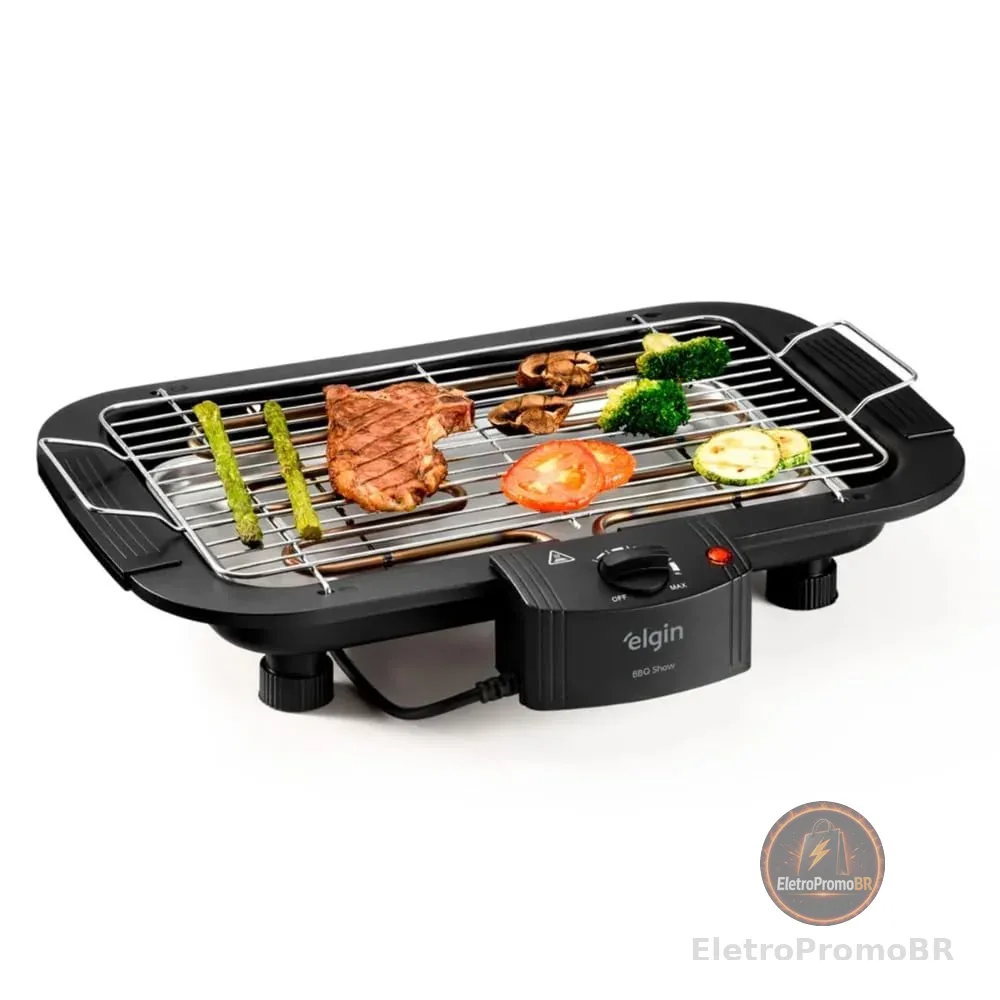 Churrasqueira Elétrica De Mesa Bbq Show Elgin 110V Com controle de temperatura, bandeja anti-fumaça e grelha removível