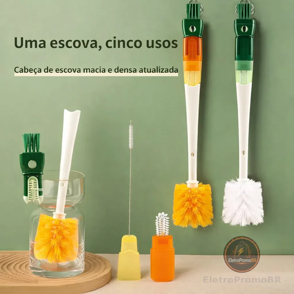 Escova de Limpeza Multifuncional 5 em 1 para Copos, Garrafas e Utensílios