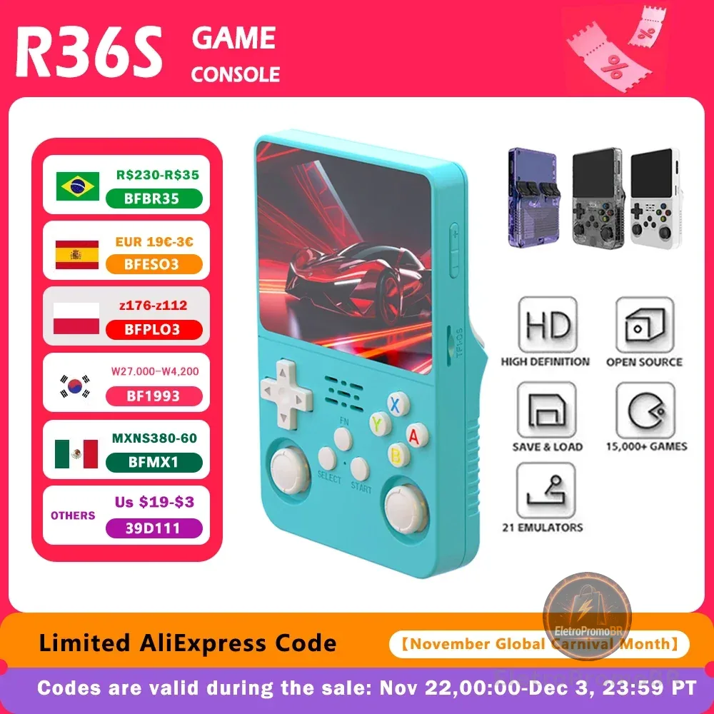 R36s retro console de videogame portátil sistema linux tela ips de 3.5 polegadas portátil player de vídeo 64gb 15000 jogos