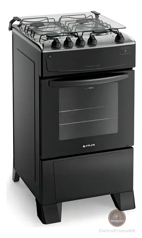 Fogão 4 Bocas Atlas Mônaco Top Com Mesa Inox e Forno de 50 Litros e Acendimento Automático Preto Bivolt