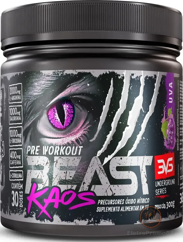 PRÉ TREINO BEAST KAOS 300g - Sabor Uva - Extra Forte com Citrulina, Beta Alanina, Cafeína, Arginina, Taurina e Tirosina