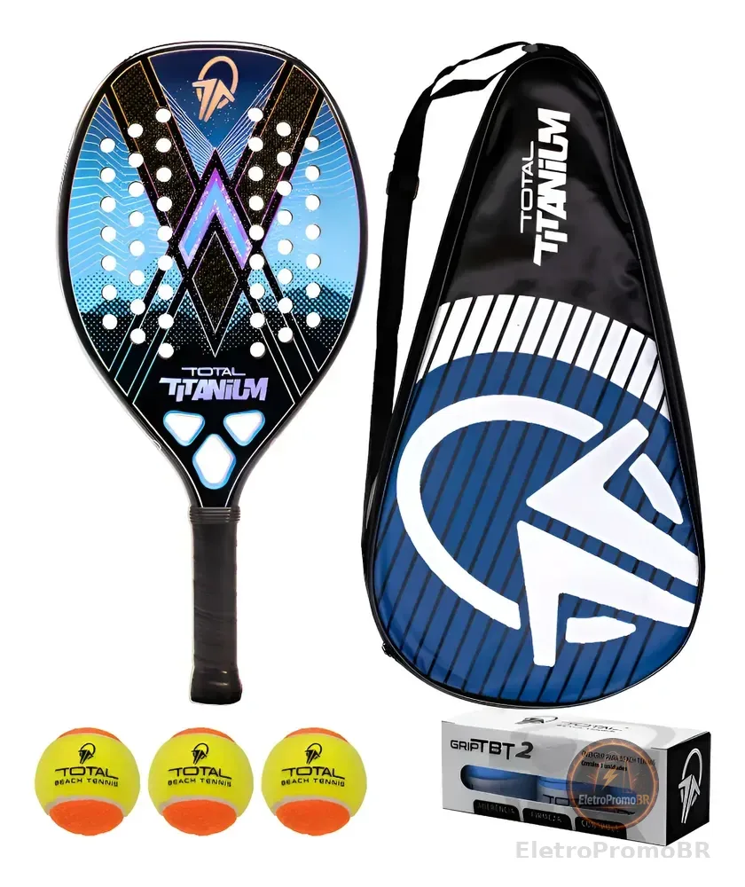 Kit Beach Tennis Total Titanium 3k Raquete Bola Grip Fita Azul