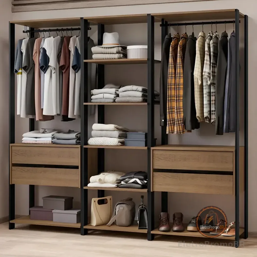 Guarda-roupa Closet Modulado Valencia 199cm Madesa Rp 02 Cor Rustic/Preto MDDR0300027K