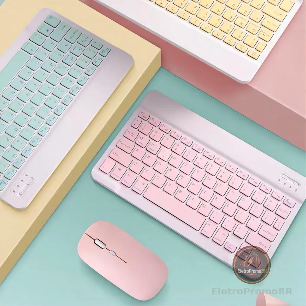 Kit Teclado e Mouse Sem Fio Bluetooth Colorido Macaron Para PC iPad Tablet Notebook