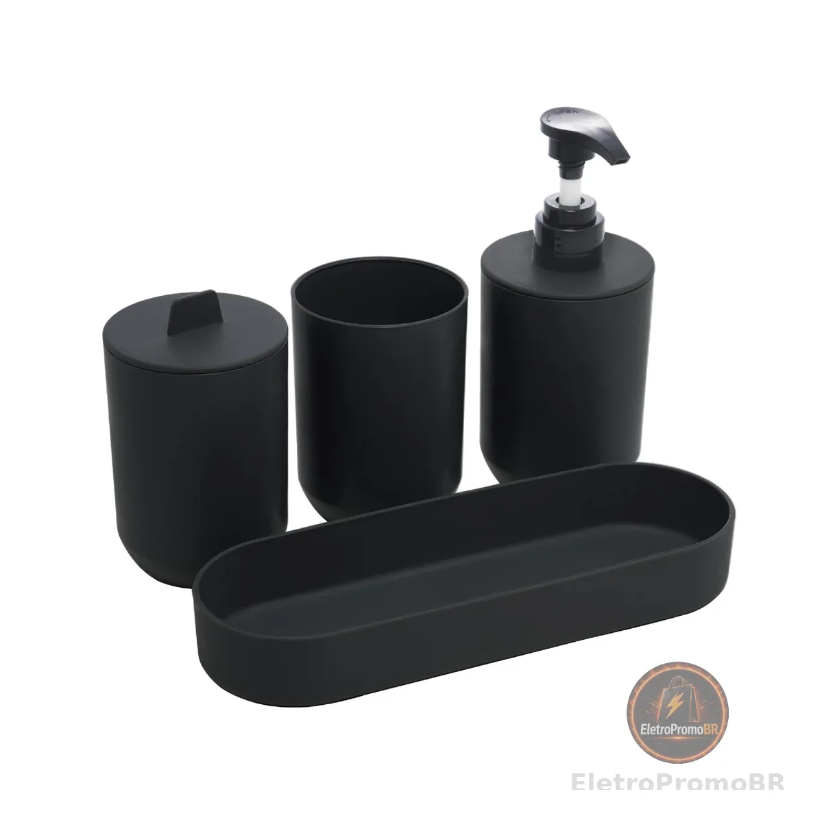 LYOR - Conjunto 4 Peças de Bambu e PP para Banheiro Preto - Porta-sabonete líquido, Porta-escova de dentes, Saboneteira, Porta Algodão