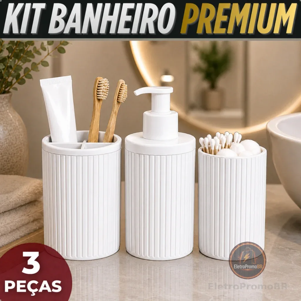 Kit Banheiro Lavabo 3 Peças Dispenser Sabonete Liquido Porta Escova Porta Algodao E Cotonete Luxo Completo Resistente