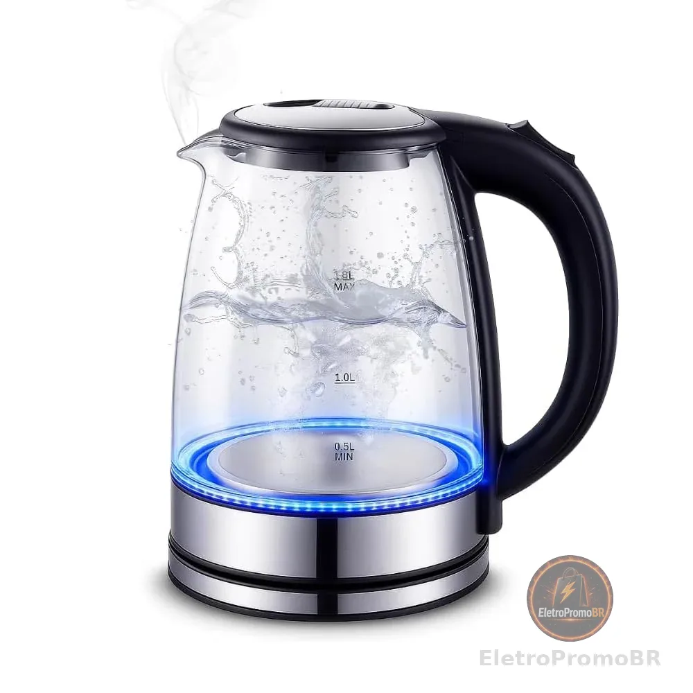 Chaleira Elétrica de Vidro Transparente 1,8L 220V com LED Azul 1500W – Aquecimento Rápido, Desligamento Automático e Base 360° | Ideal para Chá, Café e Água Quente