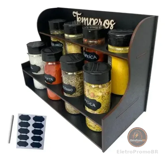 Porta Temperos E Condimentos Luxo 8 Potes Mais Etiquetas Preto