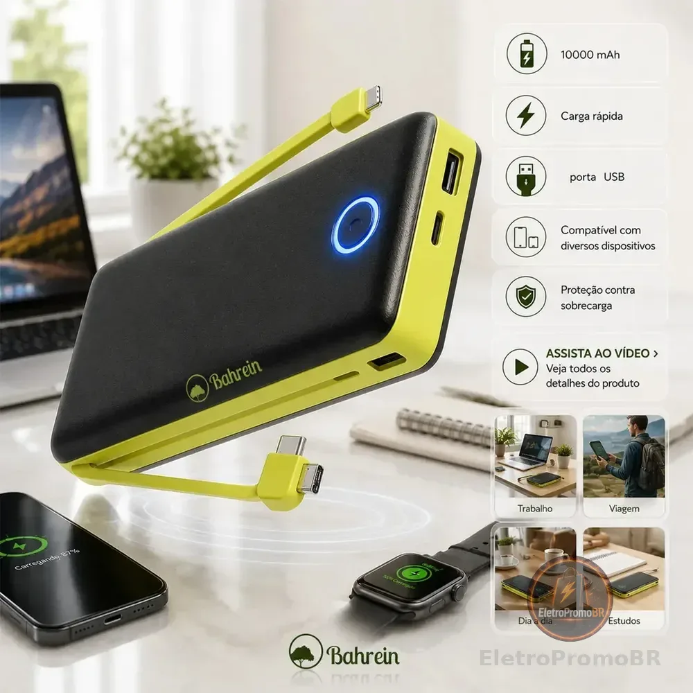 Power Bank 10000mah Carregador Portátil Turbo Rápido Universal Celular - Melhor Carregador Portátil Compatível Com iPhone Notebook Relógios Android Mac Ios Samsung Apple 10000mah - Marca Bahrein