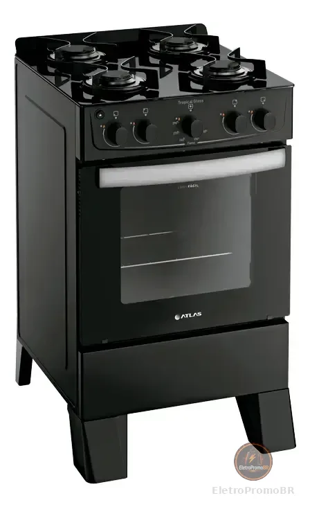 Fogão 4 Bocas Atlas Tropical Glass Com Mesa De Vidro Cor Preto
