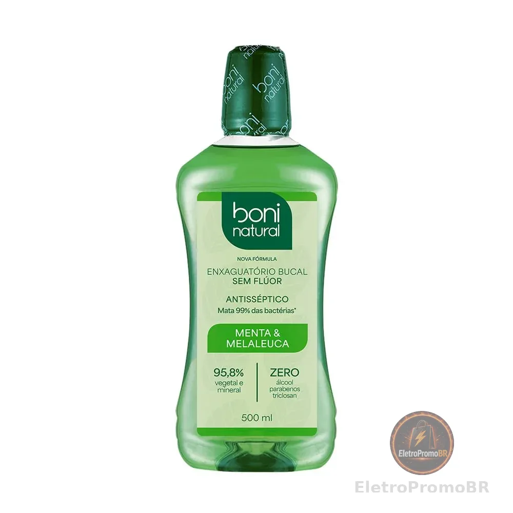 BONI NATURAL - Enxaguante Bucal Vegano, Menta e Melaleuca, Hálito Fresco e Proteção Bucal, Sem Flúor, Zero Álcool, 500 ml