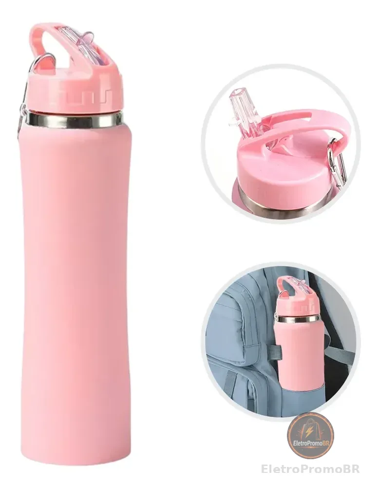 750ml Garrafa Térmica  Emborrachada Squeeze Canudo Premium Rosa