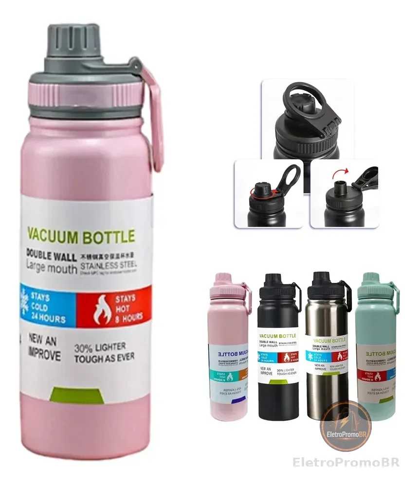 800mlgarrafa Térmica Água Squeeze Inox Academiaquente E Frio Rosa