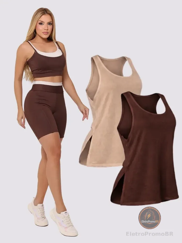 Kit Conjunto Cropped + Bermuda C/ Bolso + Regata Fitness Marrom Gg
