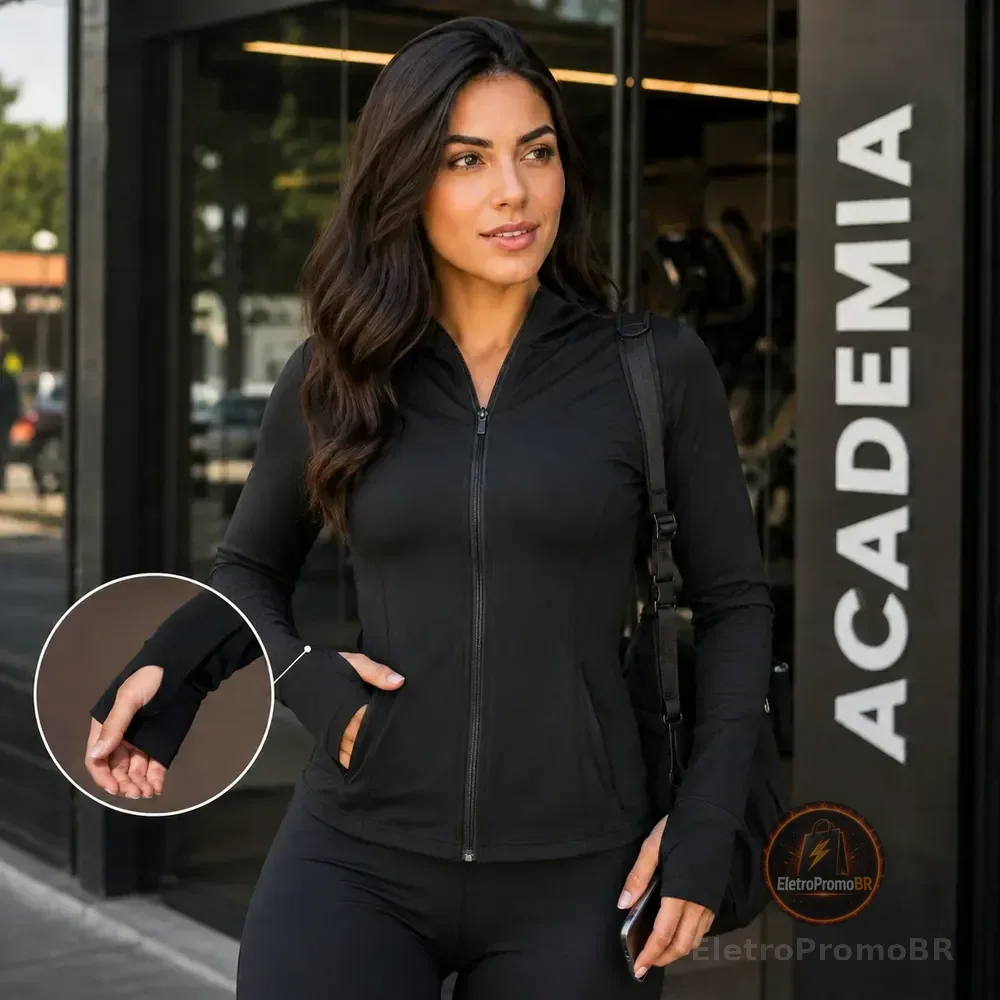 Jaqueta Dry Fitness Feminina Roupa Academia Bolso Capuz Leve Preto G