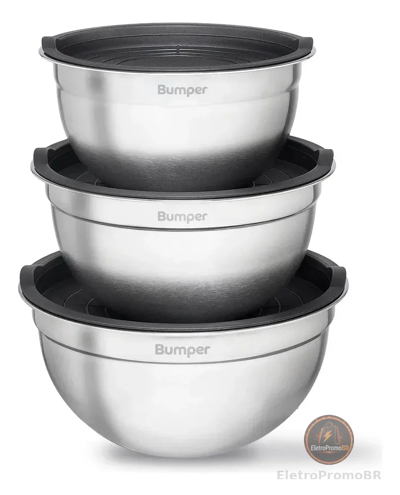 Conjunto De Bowls Tigela Inox Com Tampa Plástica Bumper Cinza