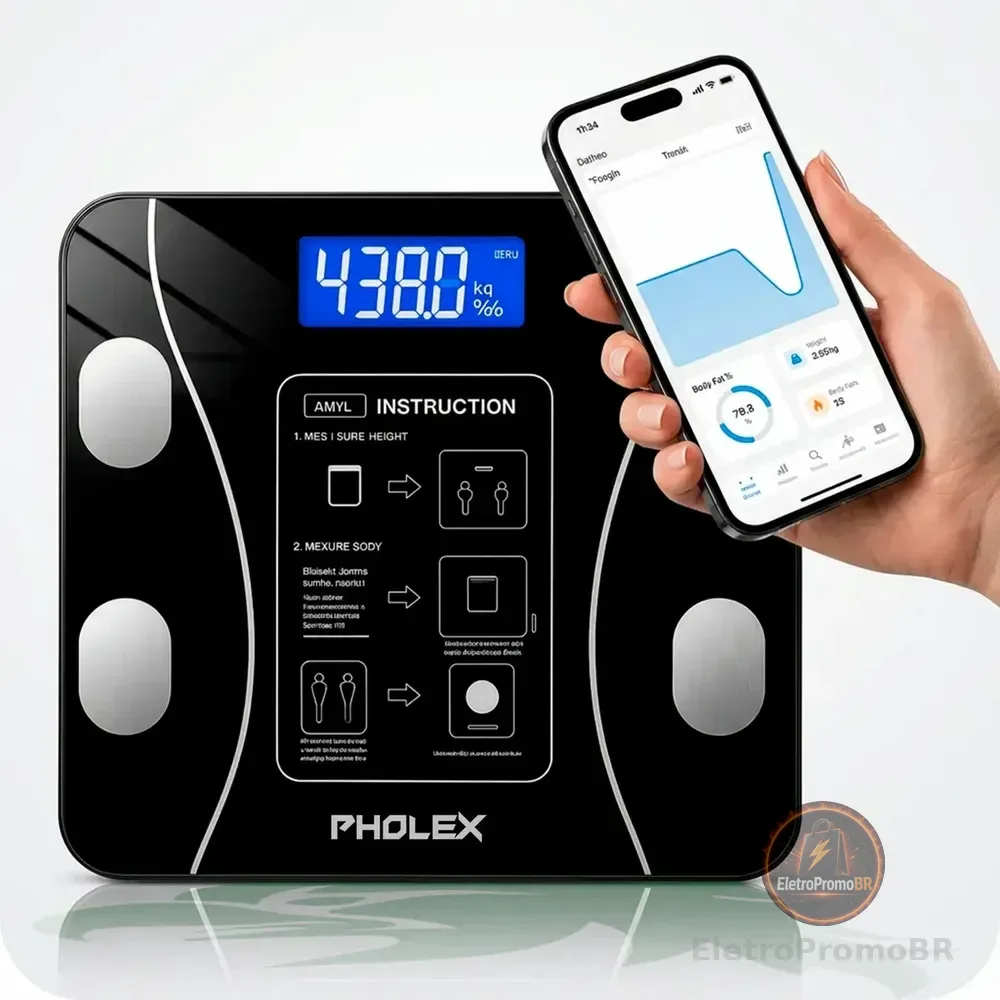 Balança Digital Corporal Bioimpedância Pholex Com Aplicativo Bluetooth Android e iOS Vidro Temperado Alta Capacidade Balança Academia Personal Banheiro Homologada Anatel