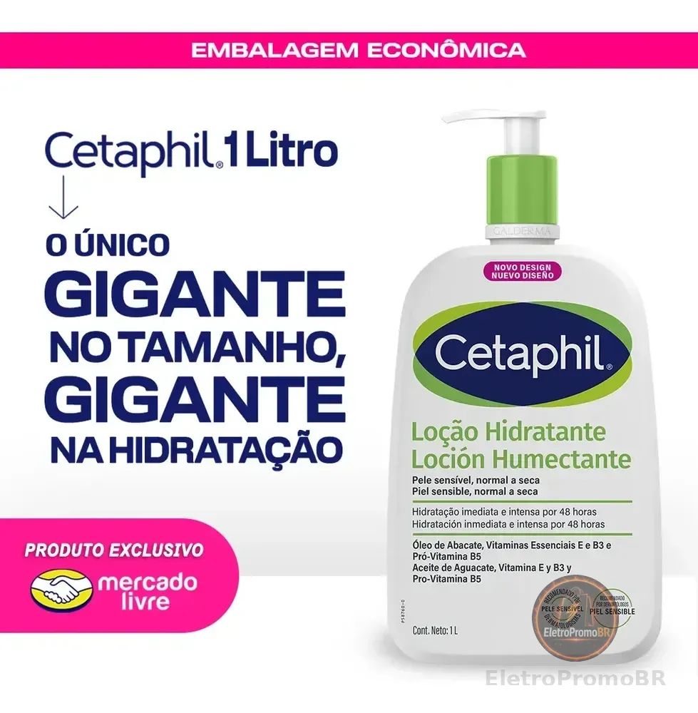Cetaphil Loção Hidratante Corporal e Facial para Pele Sensível, Normal a Seca 1L - Hidratação 48h