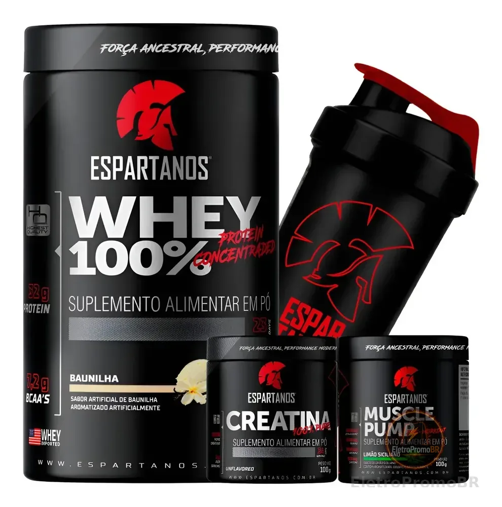 Whey Protein 100%,creatina,pré Treino,shaker - Espartanos Baunilha