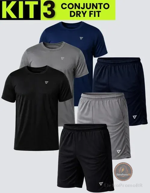 Kit Com 3 Conjuntos Academia Masculino Dry Fit Shorts+camisa