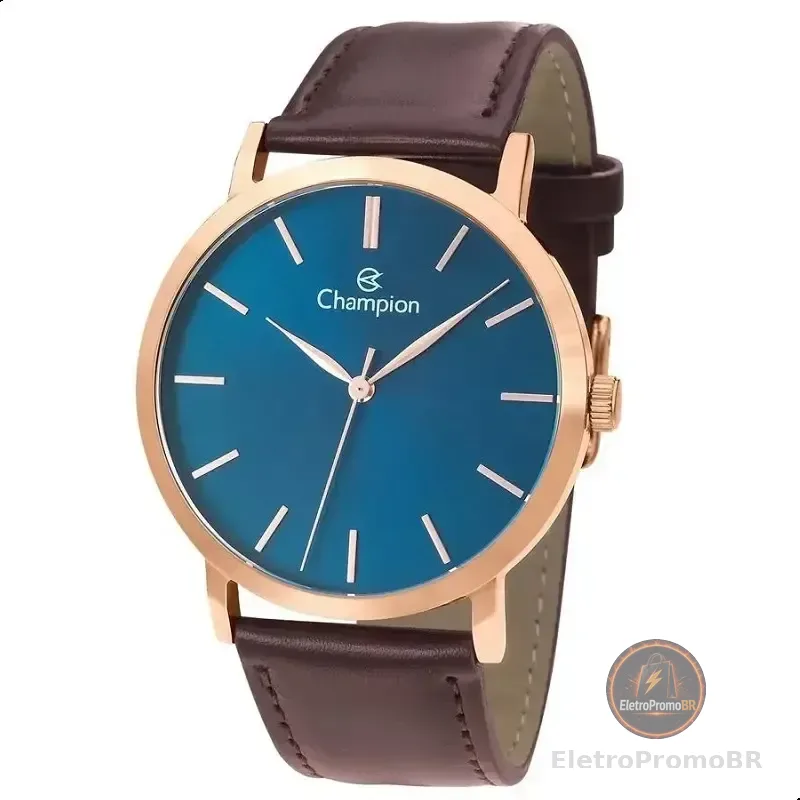Relógio Champion Masculino Analógico Rose Gold com Pulseira de Couro Marrom e Mostrador Azul
