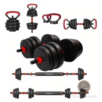 Barra Anilha Halter Kettlebell Kit Musculação Completo - 25kg