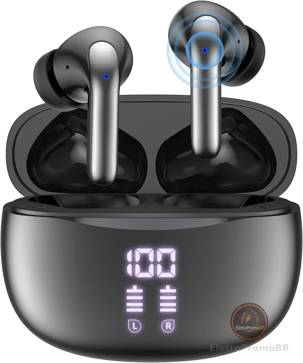 Fone de Ouvido Sem Fio Bluetooth 5.3 com Cancelamento de Ruído, 50H Playback, LED Power Display, Fones de Ouvido Intra-Auriculares com Microfone, Fones de Ouvido Estéreo Redução de Ruído, Esportes