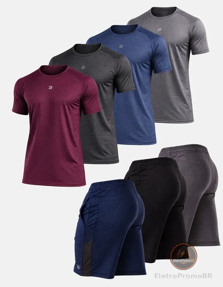 Kit 7 Peças 4 Camisetas 3 Shorts Academia Premium Dry Fit  Multicolorido Dry-mescla P