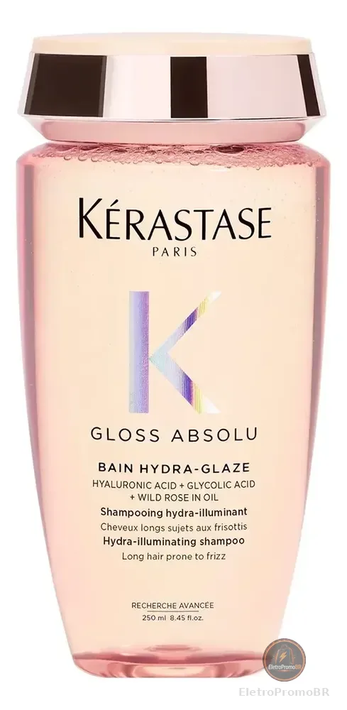 Kérastase, Bain Shampoo, Gloss Absolu, Hydra Glaze, Ação Anti-frizz com Ácido Hialurônico, Ácido Glicólico e Óleo De Rosa Silvestre, Potencializa o Brilho 250ml