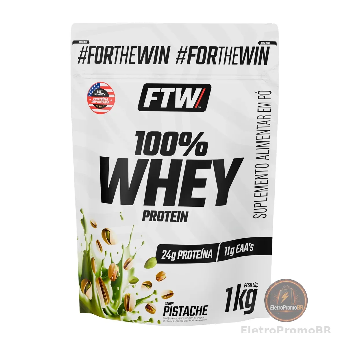 FTW 100% Whey Protein com Proteína Concentrada WPC, para Atletas com Alto Valor Biológico, Suplemento Pós-Treino Sem Glúten - Refil 1kg (Sabor Pistache)
