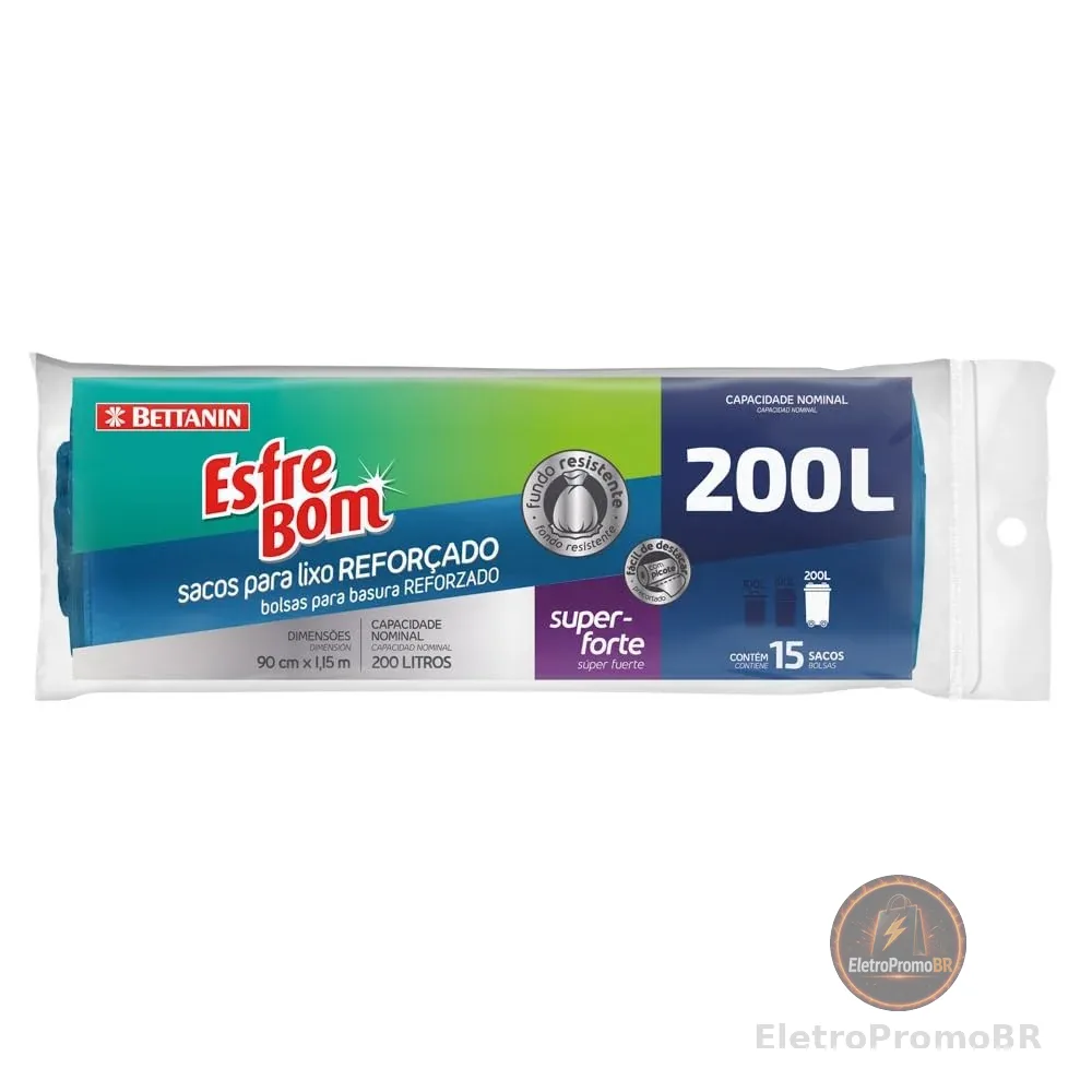 EsfreBom - Saco para Lixo Rolo com 15 Sacos de 200 Litros, Cor Azul, Bettanin