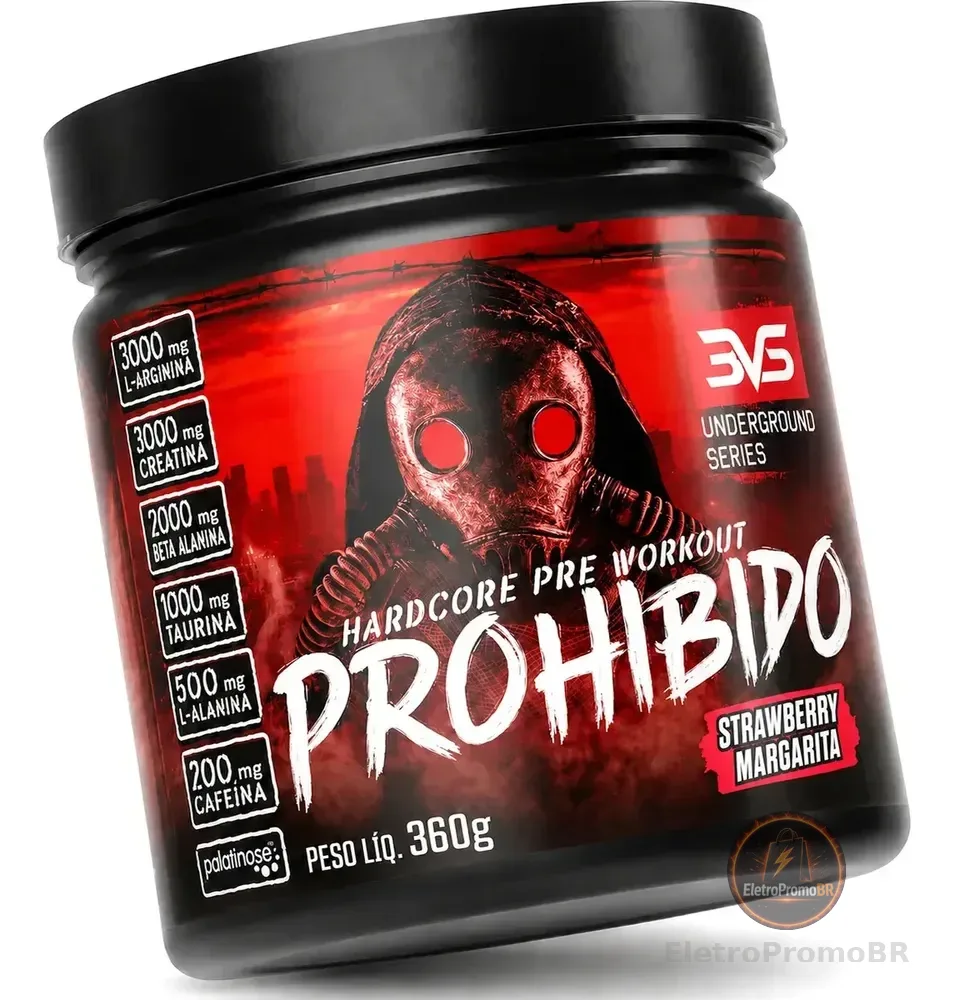 PRÉ TREINO PROHIBIDO 360g Sabor Morango (Strawberry Margarita) - Fórmula Avançada contendo Creatina, Beta Alanina, Taurina, L-tirosina, L-alanina, Cafeína, Arginina e Palatinose - Extra Forte
