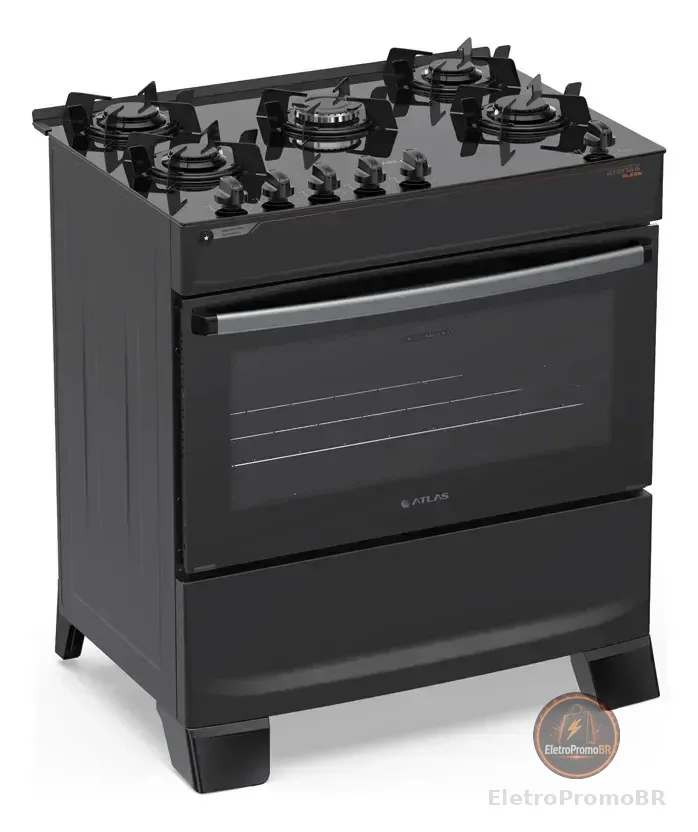 Fogão 5 Bocas Atlas Atenas Glass A Gás com Mesa de Vidro e Mega Chama Preto Bivolt