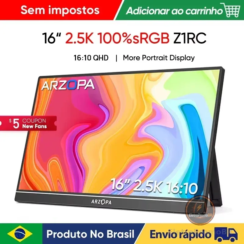 Monitor Portátil ARZOPA de 16 Polegadas 2K, Tela IPS 16:10 com Tipo-C e Mini HDMI, Segundo Display para MAC/Laptop/PC/Xbox/PS4/5/Switch, Z1RC