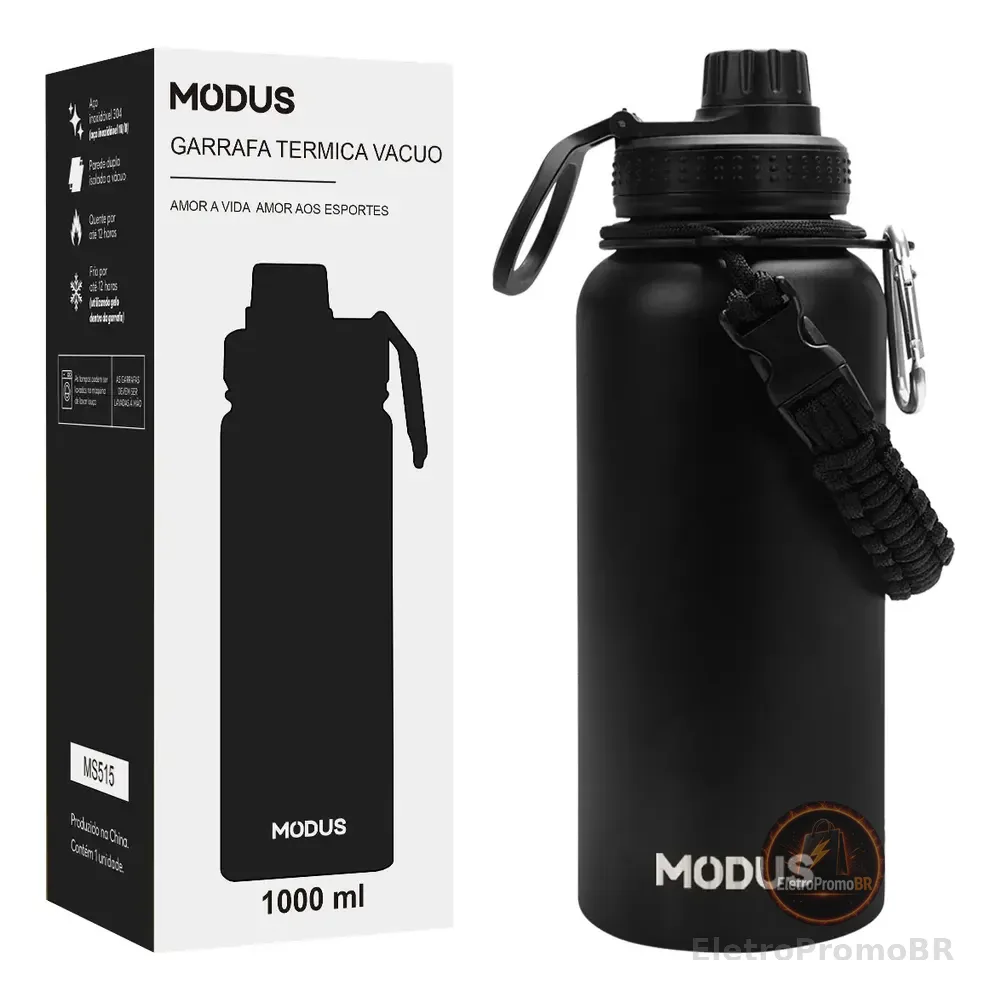 Garrafa Térmica 1 L Aço Inox 304 Bebidas Quentes E Frias Calor 12h Frio 18h Cor Preto
