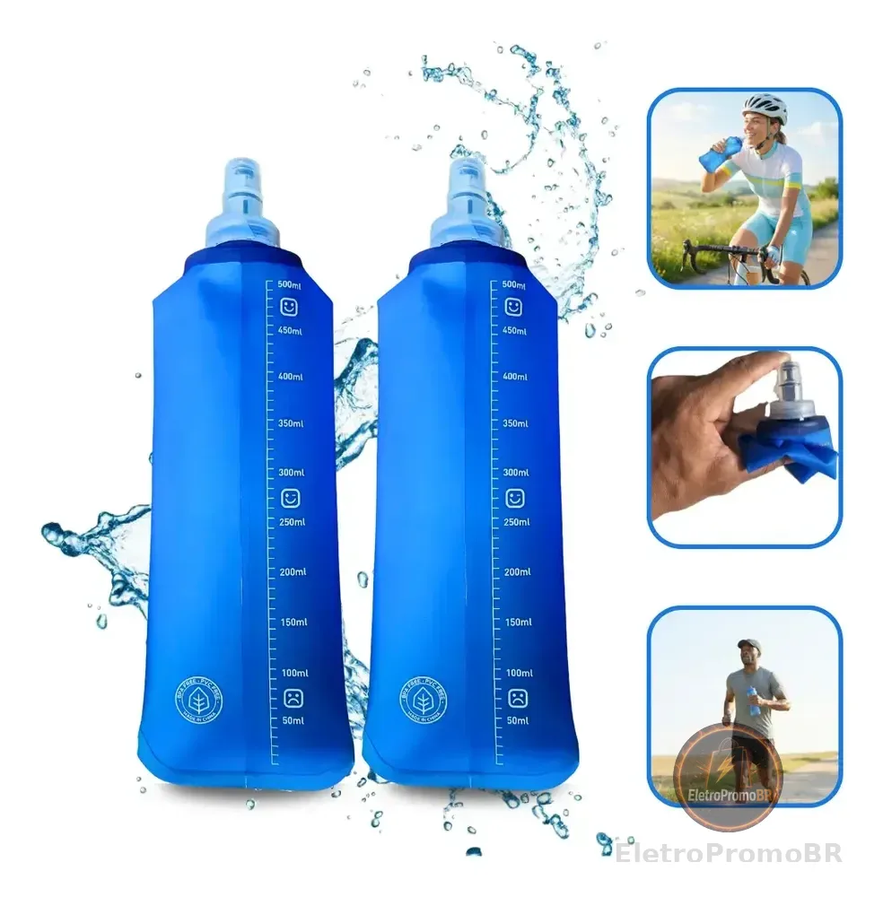 2 Garrafas Squeeze Silicone Soft Flask 500ml Corrida E Bike Azul