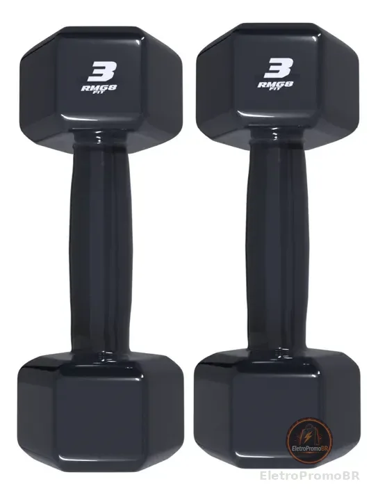Par Halter 3kg Emborrachado Sextavado Preto Rmg8 Fit