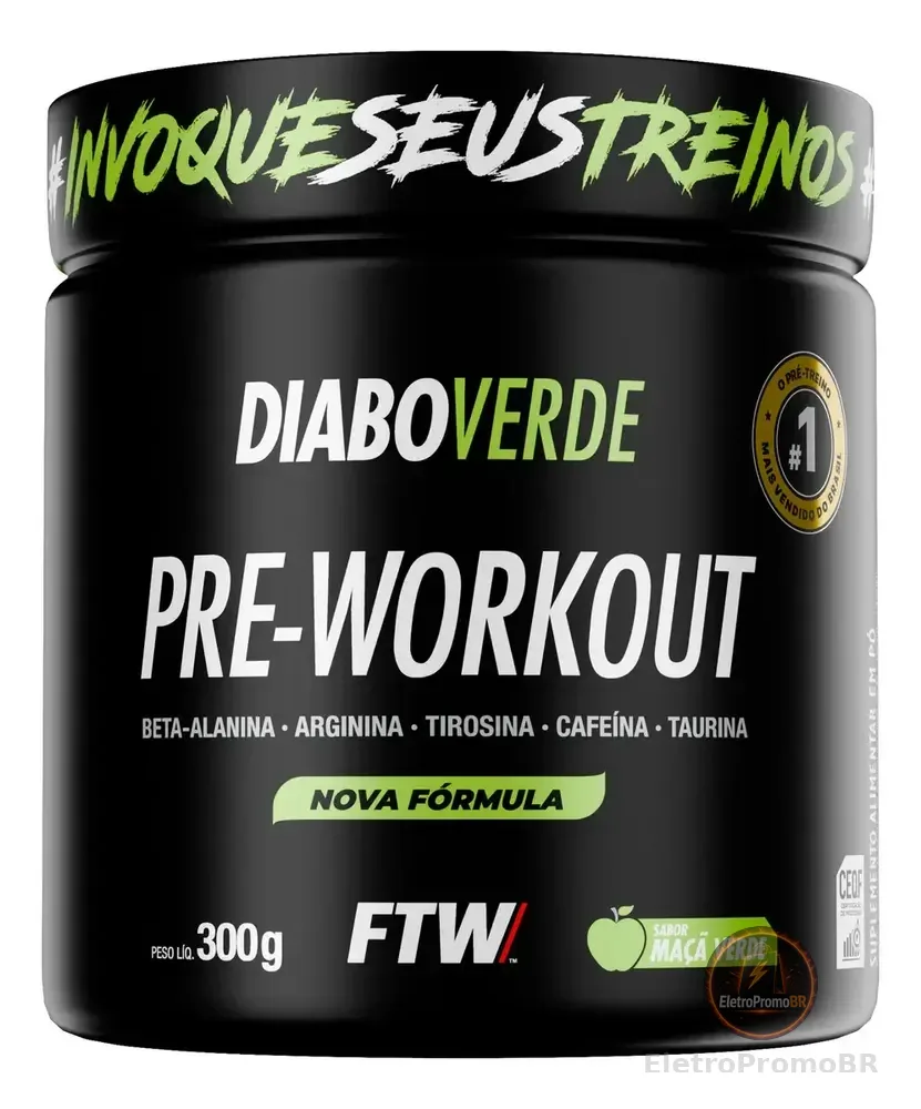Pré Treino Pre Workout DIABO VERDE Pote 300g Sabor Maça Verde FTW