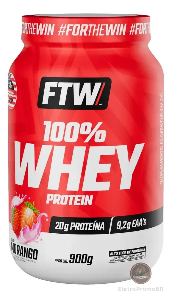 Whey Protein 100% Concentrado Pote 900g Sabor Morango - FTW
