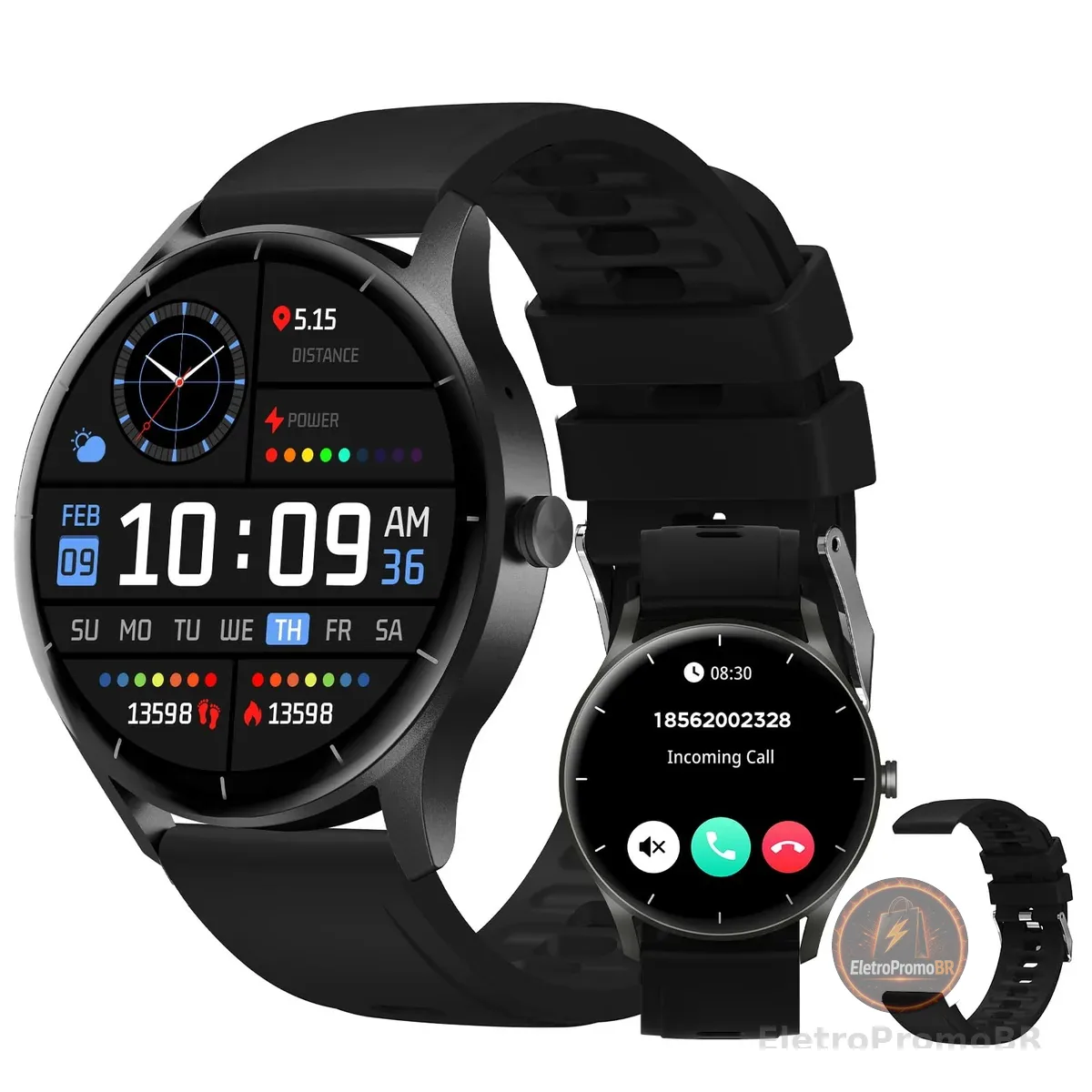 Smartwatch PEJE ZW02 com Chamadas, Pulseira Extra e 123+ Modos Esportivos