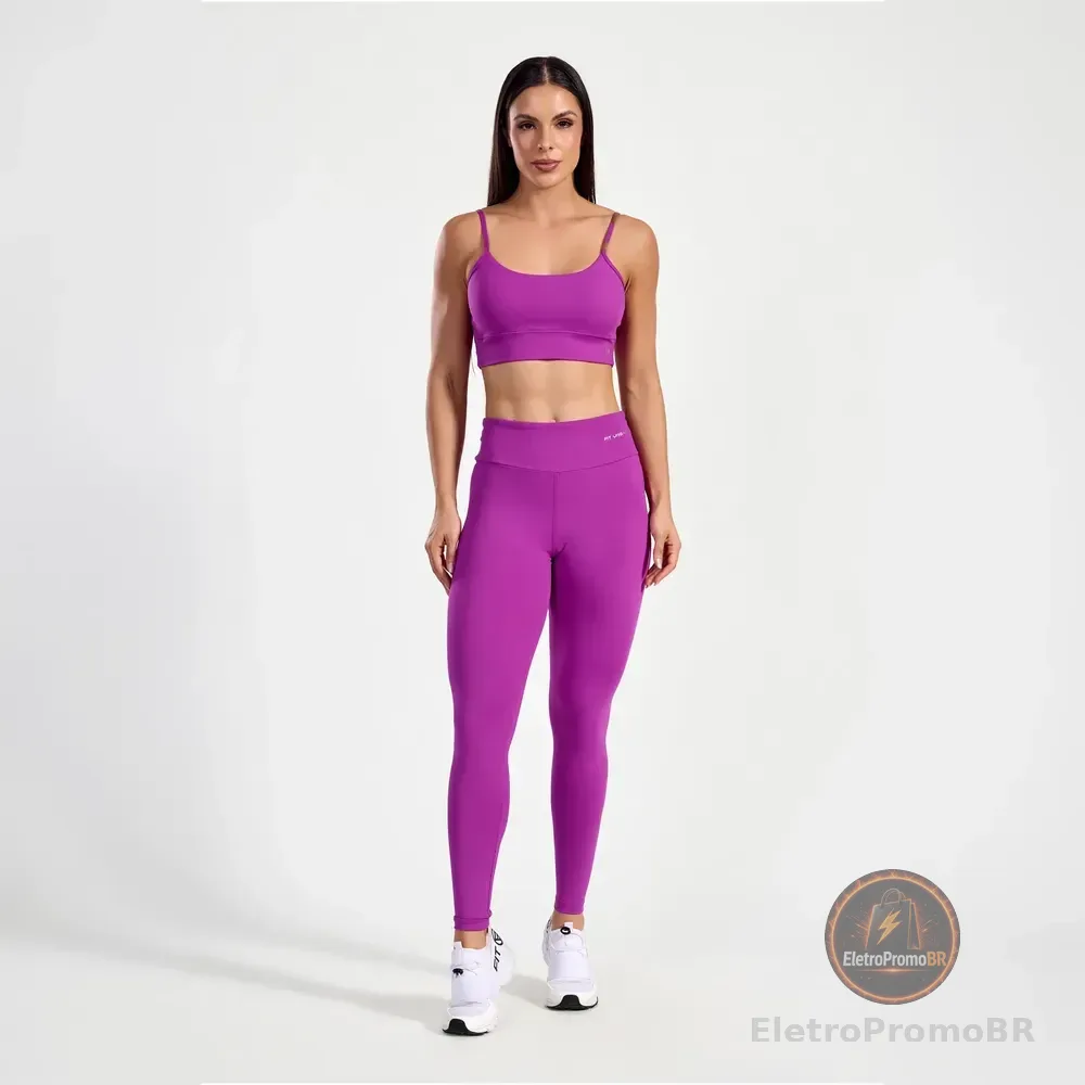 Conjunto Fitness Top Tank E Legging Feminino Com Bolso Violeta P
